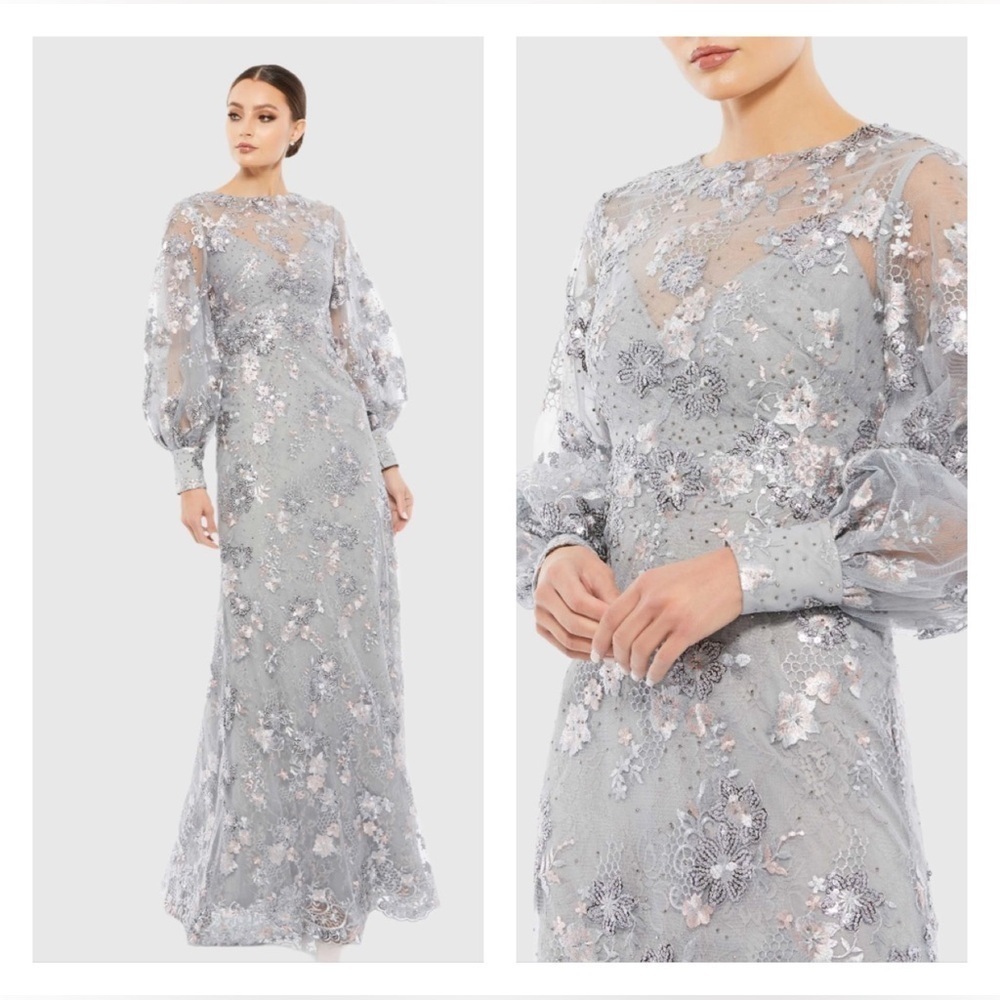 MAC DUGGAL 67936 NWT Embellished Illusion High Neck Bishop Sleeve Gown